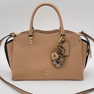 Coach Beige Leather Satchel with Floral Charm and Gold Hardware